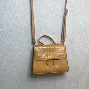 Croc-Embossed Tan Top-Handle Satchel with Adjustable Strap